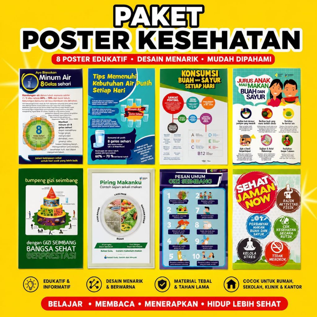 Paket Poster Kesehatan | Paket Poster Gizi | 8 Poster Kesehatan Tubuh | Makan Minum Sehat