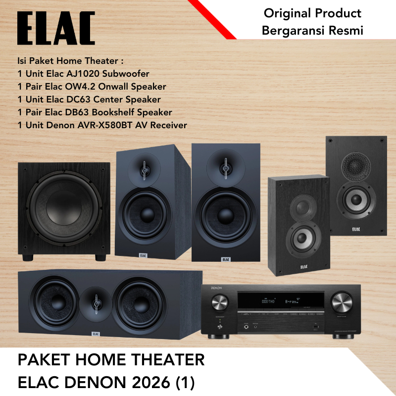Paket Home Theater Elac Denon 2026 (1) Elac AJ1020 Subwoofer Elac OW42 OnWall Speaker Elac DB63 Book