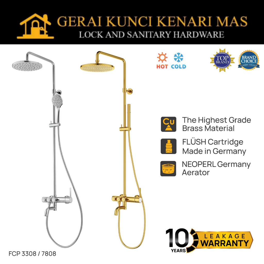 PALOMA Shower Tiang Set Column Mandi Keran Mixer Handshower Kran Panas Dingin Kuningan FCP 3308 7808