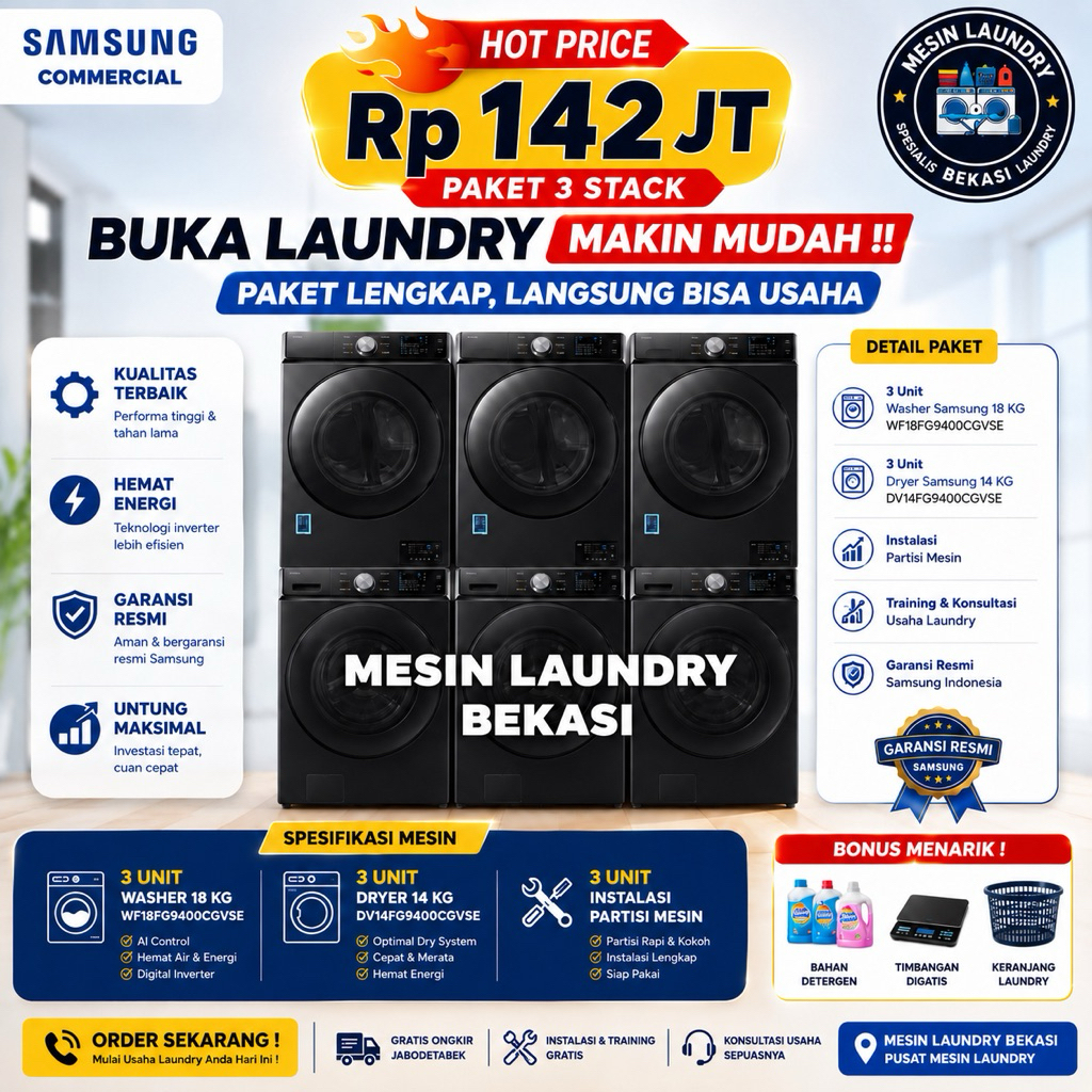 MESIN LAUNDRY SELF SERVICE QRIS / TAPCARD MESIN CUCI SAMSUNG KOMERSIL 18 KG DRYER SAMSUNG 14KG