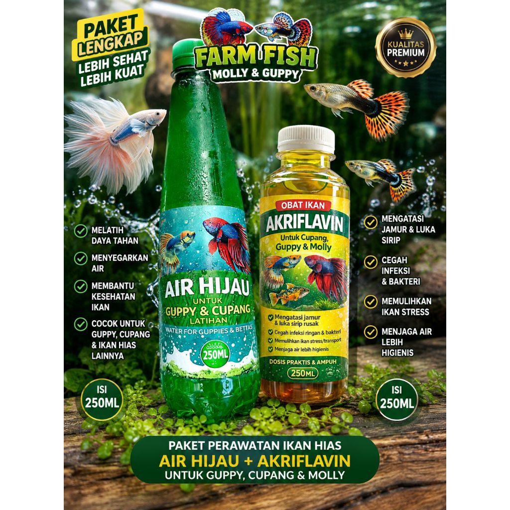 Paketan obat ikan guppy, cupang, dan molly ukuran botol plastik 250ml FREE PELET