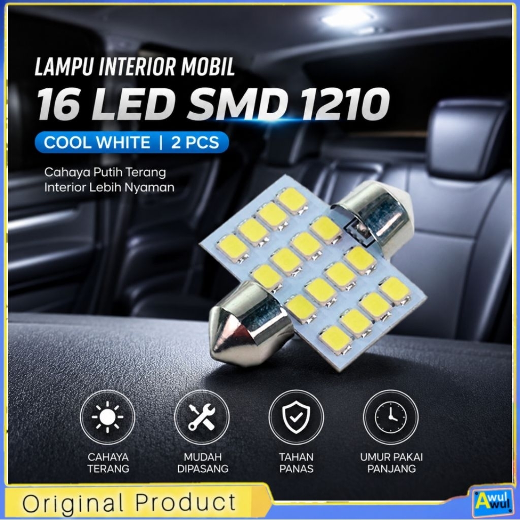 2pcs Lampu Interior / Lampu Plafon / Lampu Kabin Mobil 16 LED Super White 31mm