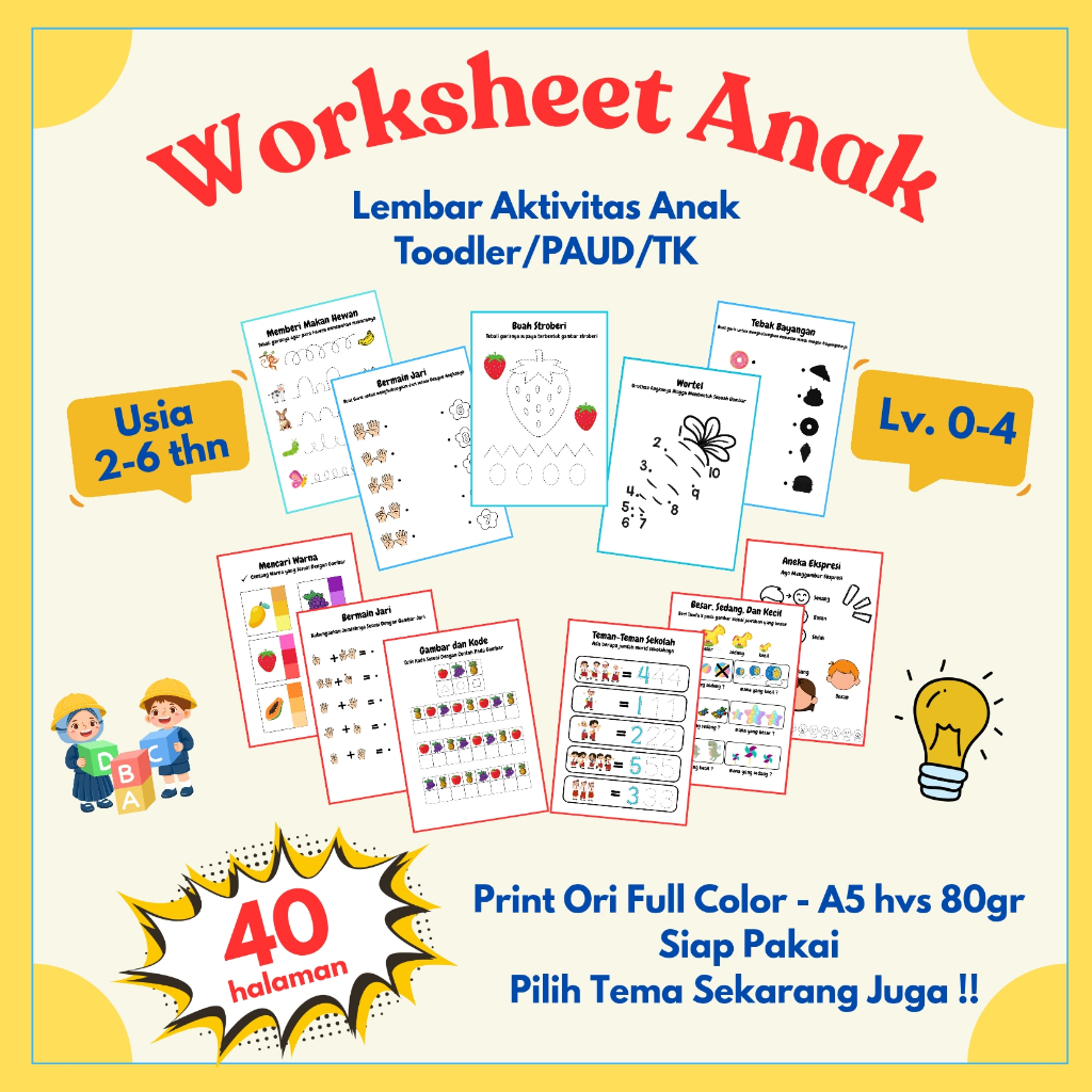 WORKSHEET Lembar kerja Aktivitas Anak 2-6 Tahun Toddler/PAUD/TK 40 Lembar Berwarna
