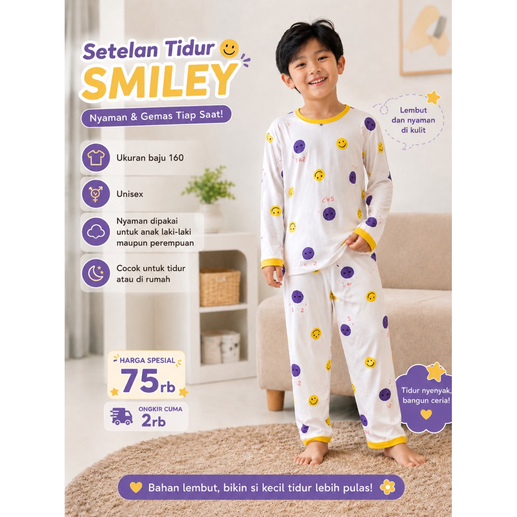 Piyama anak perempuan laki kids pajamas unisex motif senyum smile putih adem nyaman ringan