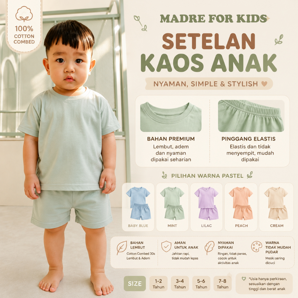 Kaos Polos Setelan Anak Pastel Cotton Combed BCI 30s Soft