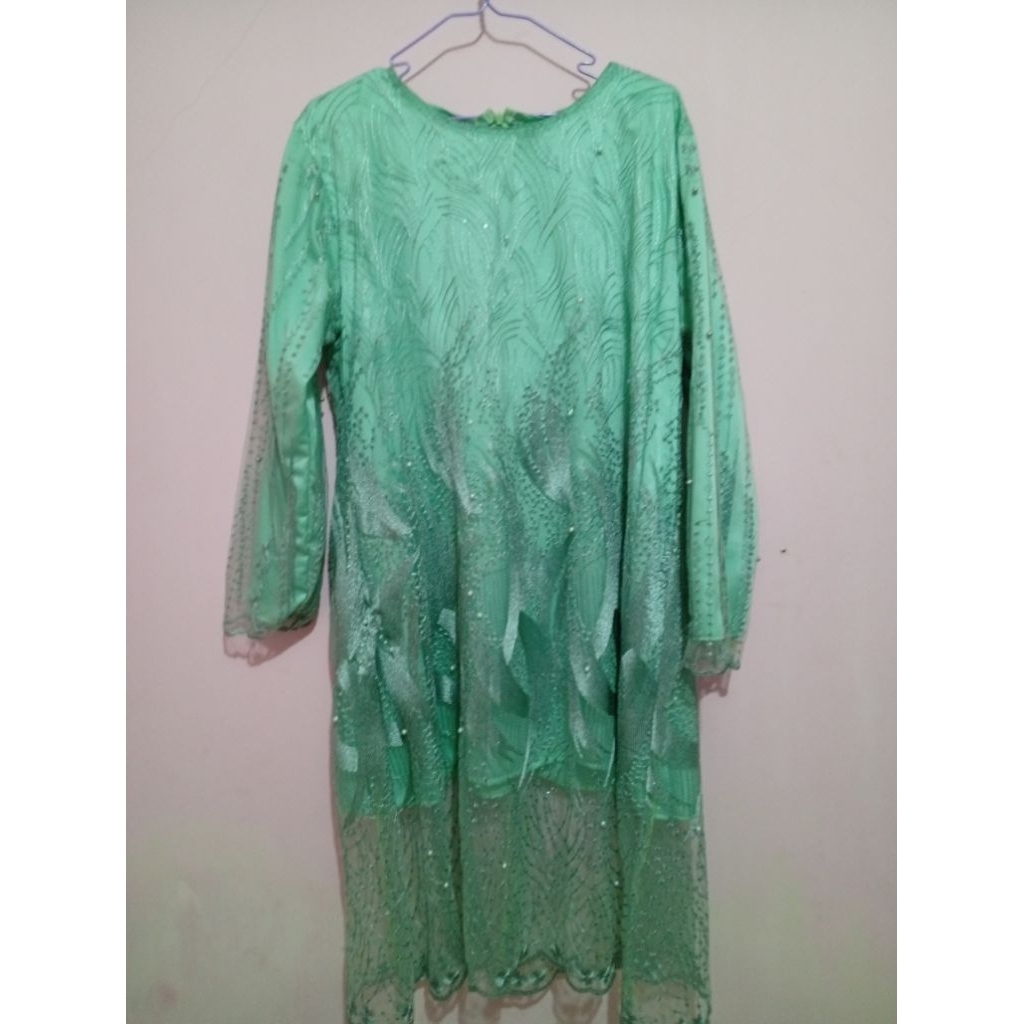 Dress Brokat Wanita Hijau Mint Lengan Panjang Payet Elegan Pesta Kondangan