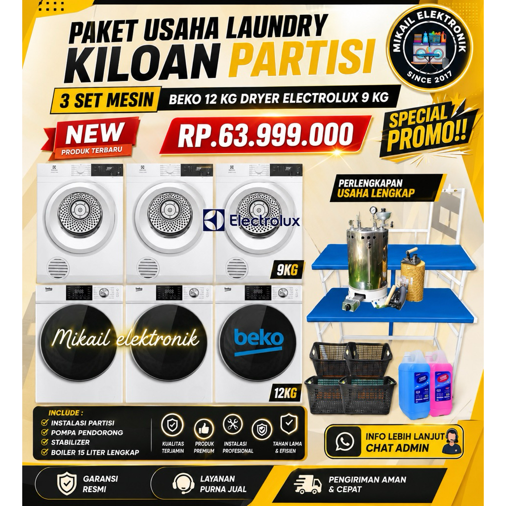 PAKET USAHA LAUNDRY PARTISI MESIN CUCI BEKO 12 KG PENGERING ELECTROLUX 9KG LENGKAP