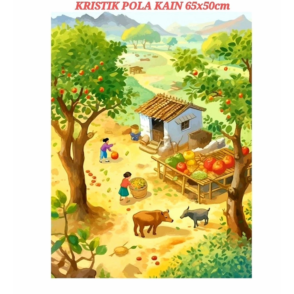 PAKET KRISTIK PANEN PADI BUAH SAYUR PETANI PEDESAAN POLA KAIN CROSS STITCH 11CT SULAM SILANG