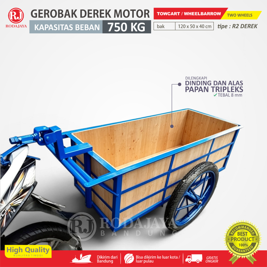 Gerobak derek motor /  kapasitas beban 750 kg / include papan tripleks 8 mm / towcart wheelbarrow / 