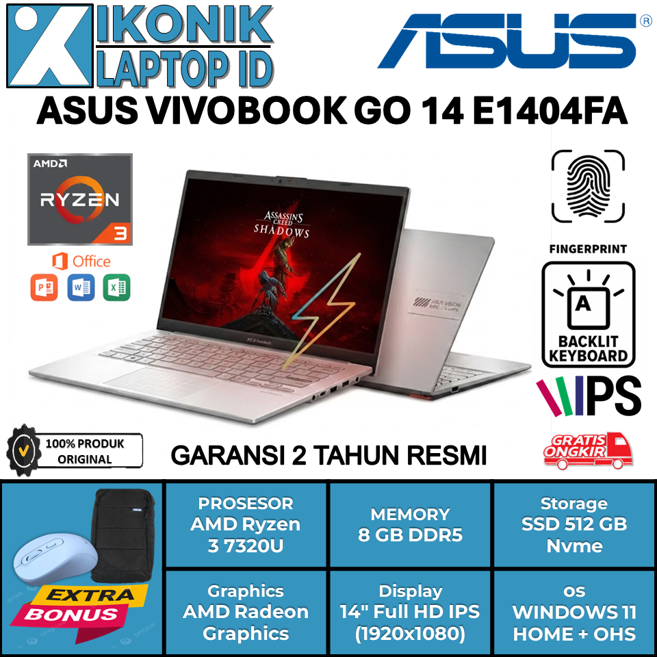 Laptop Editing Baru ASUS Vivobook GO 14 E1404FA AMD Ryzen 3 7320U Ram 8 GB Ssd 512 GB Original Resmi