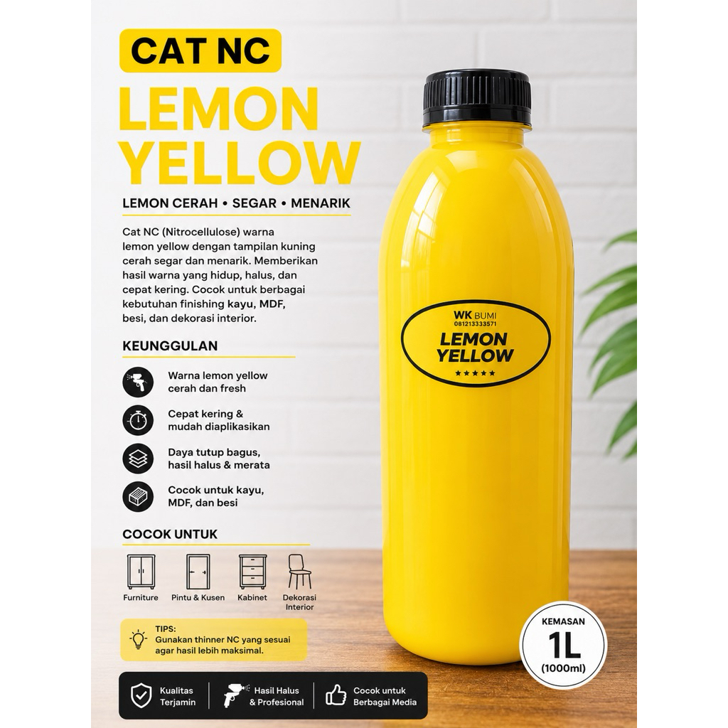 CAT DUCO NC MURAH ECER KUNING LEMON YELLOW 1L | Cat NC Lemon Yellow Eceran | Cat Kuning Lemon Cerah 