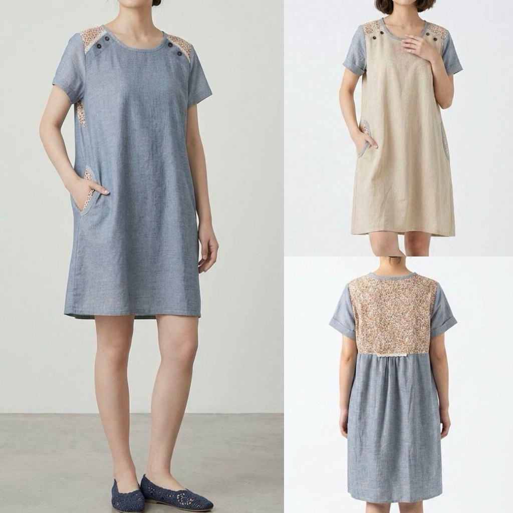 DRESS KATUN MIDI KREM BIRU MUDA PATCHWORK BUNGA SALUR KOREA IMPORT