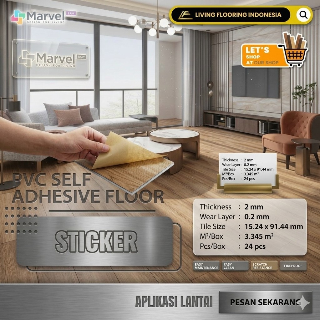 Lantai Vinyl Marvel Easy Base 2mm Motif Kayu Dengan PVC Self Adhesive Flooring Yang Anti Air Dan Tah