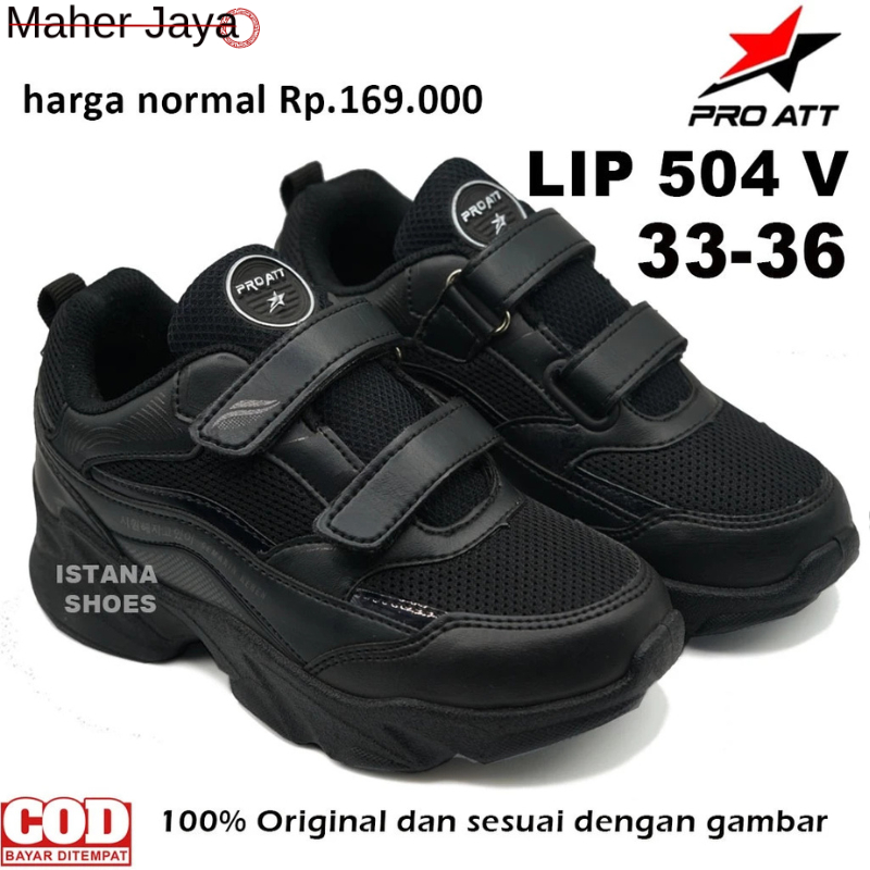Sepatu Sekolah SD SMP Pro Att LIP 504 Full Hitam Perekat Sneakers Anak Sekolah Terbaru