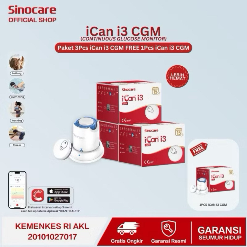 SINOCARE iCan CGM Alat Cek Gula Darah Chip Pasang Di Badan Tanpa Jarum 15 Hari Berkelanjutan Non Sto