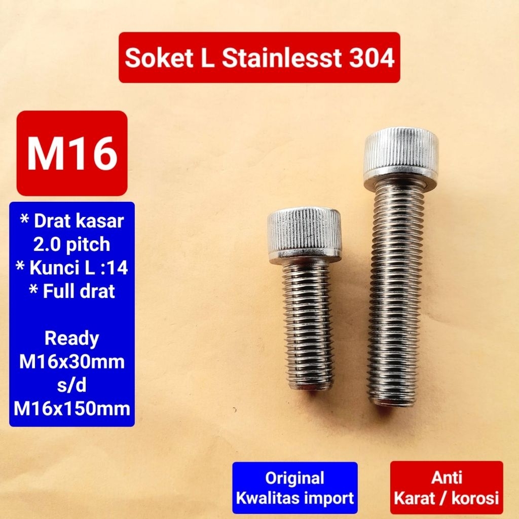 Baut soket L stainlesst 304 M16 | baut L stainlesst 304 M16 | baut kunci L stainlest M16x30 s/d M16x