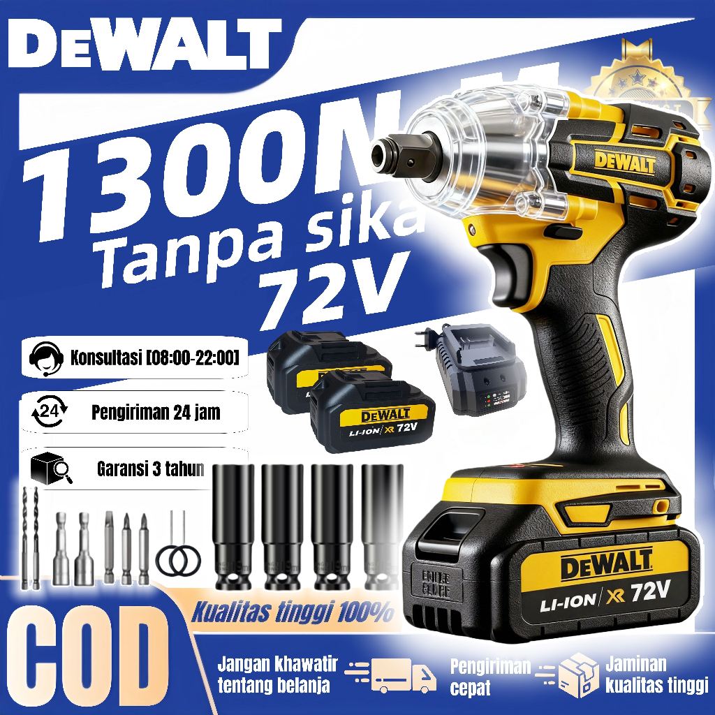 DEWALT Impact Wrench Cordless Kunci Dampak Tanpa Sikat  Kunci Listrik Tanpa Kabel Baterai Lithium 72