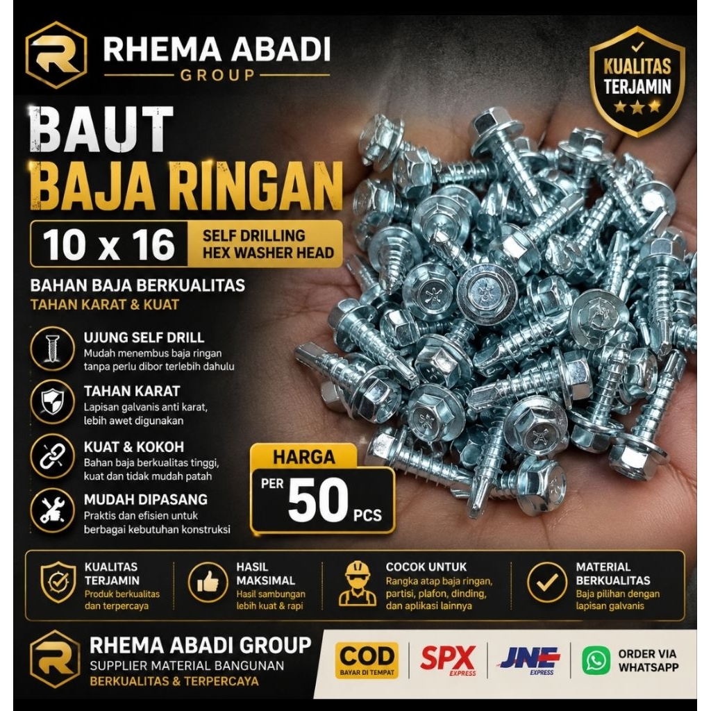 Baut Baja Ringan / Baut Skrup Baja Ringan 10x16 Termurah 50 Pcs Mild Steel Bolts Roofing Sekrup