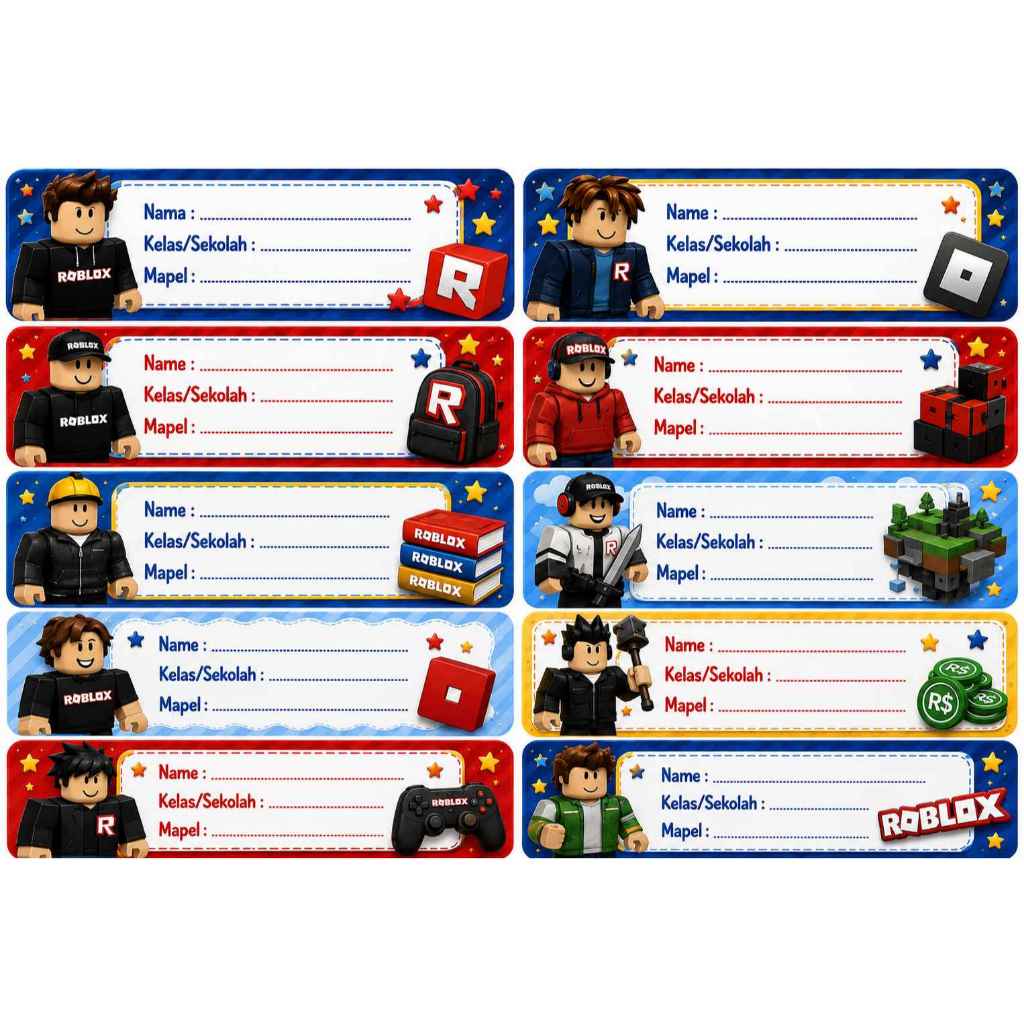 Stiker Label Buku Roblox Cowok Waterproof Isi 30 pcs | Nama Buku Sekolah Anak Tema Roblox Keren Anti