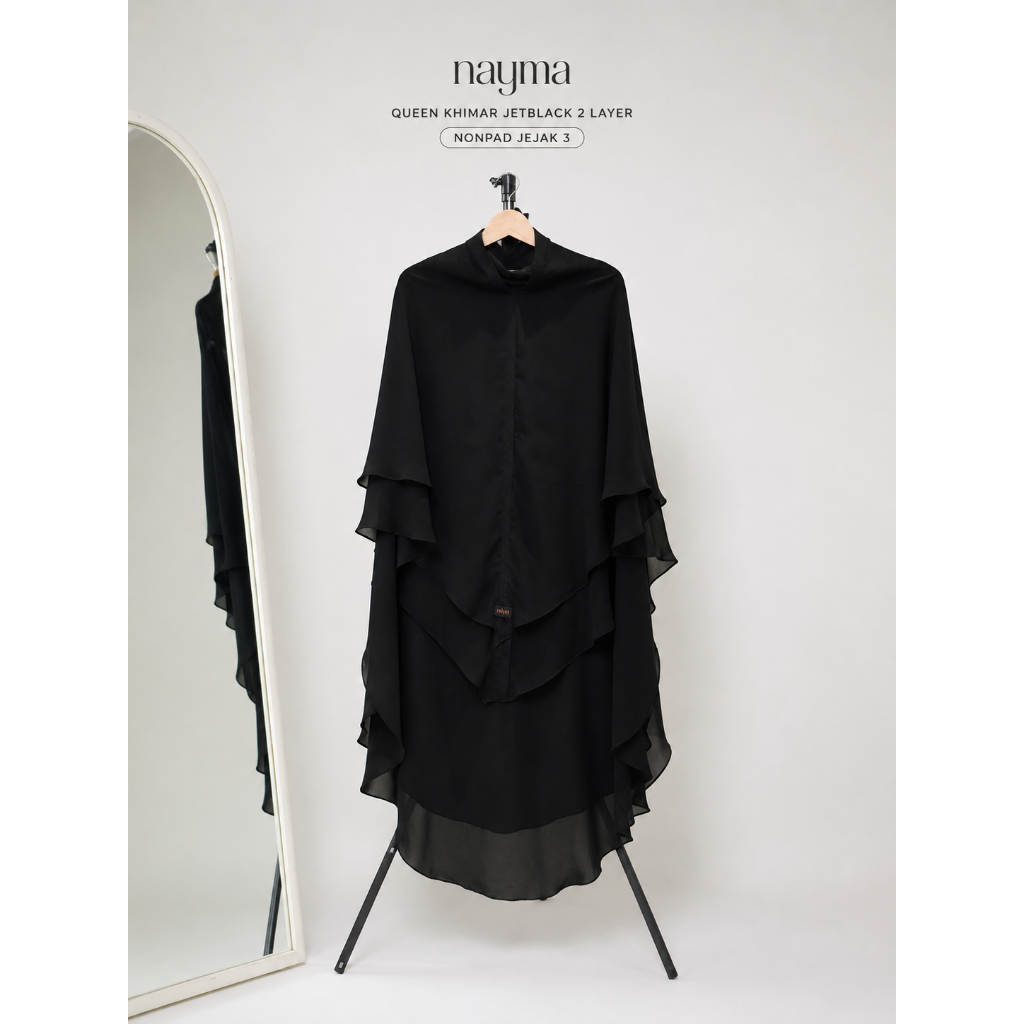 Khimar Jetblack 2 Layer Nonpad Jejak 3 | Khimar Syari Hitam Pekat Sifon Premium Nayma