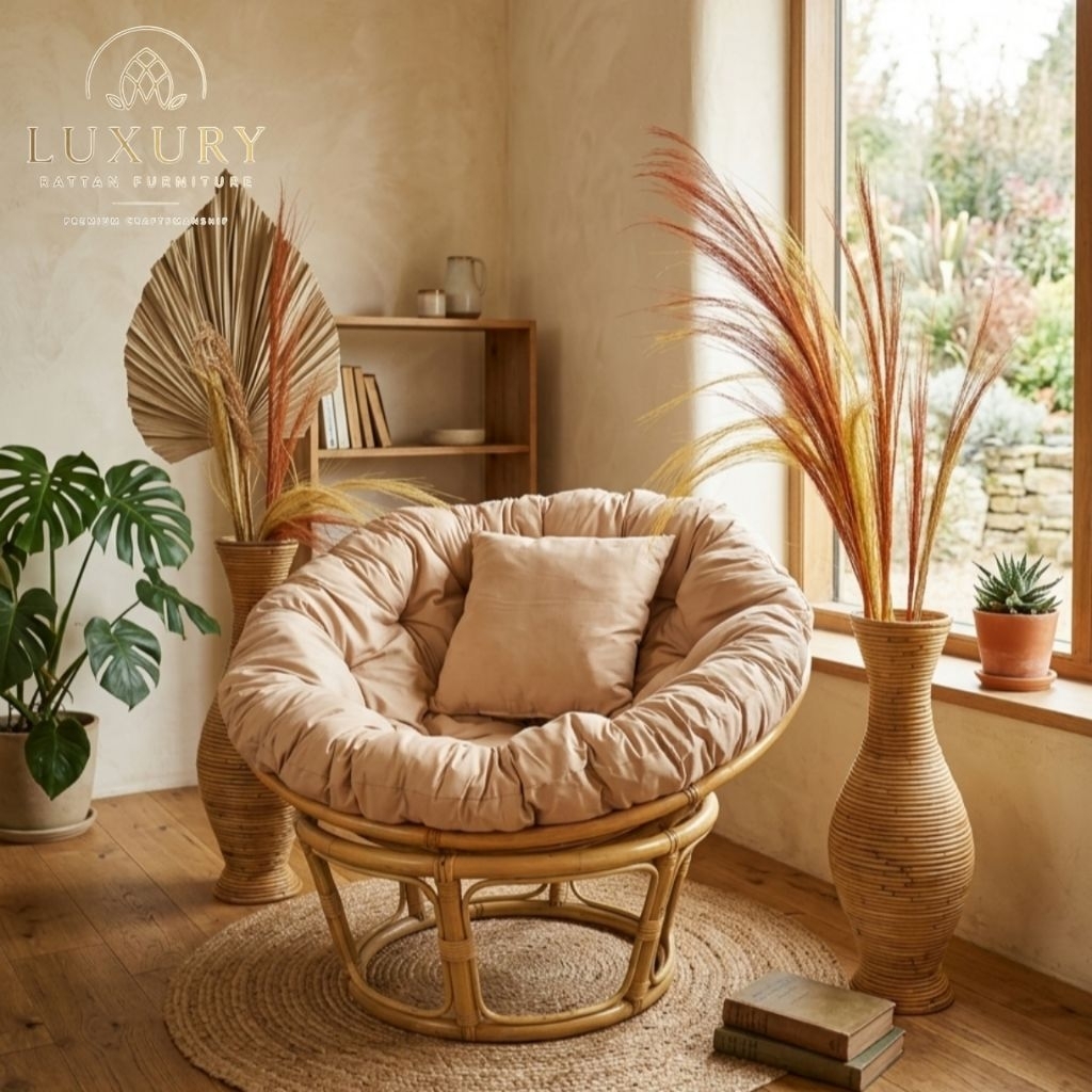 Kursi Teras Bulat Papasan Parabola Minimalis Rotan Alami dengan Cushion dan Bantal Empuk