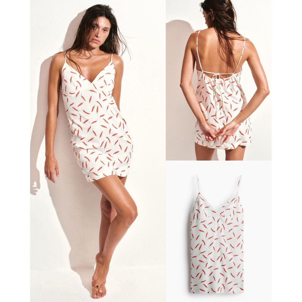HM Women's White/Peppers Linen-Blend Beach Dress