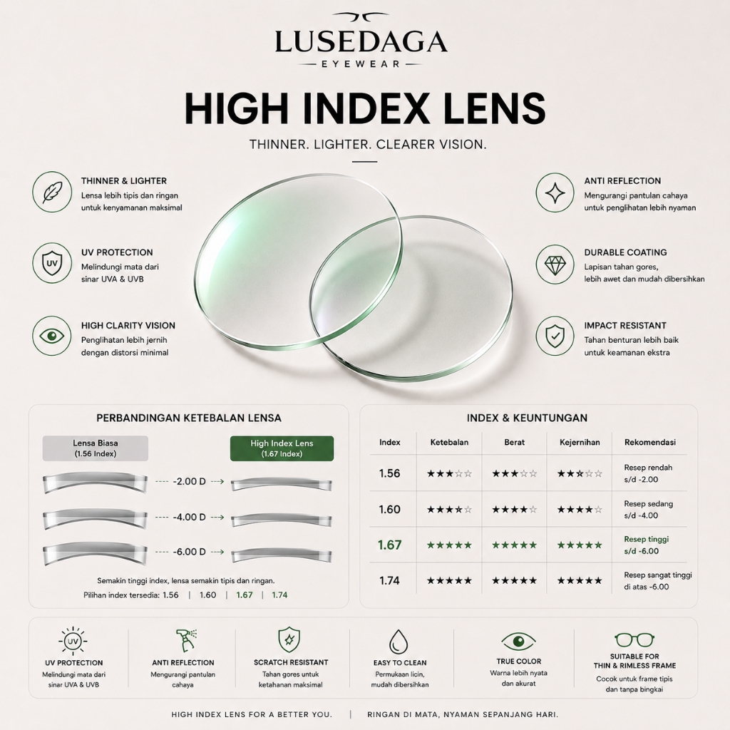 LUSEDAGA Lensa High Index 1.67 / 1.61 ( Lensa Tipis untuk minus tebal )