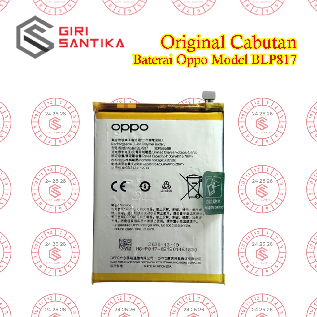 Baterai Oppo A15/A15S/A12/A11K Baterai BLP817 Original Cabutan
