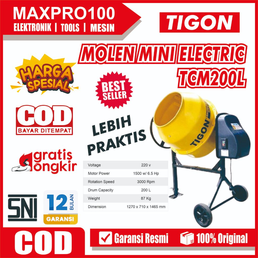 TIGON TCM-200 L CONCRETE MIXER ELECTRIC MOLEN MINI