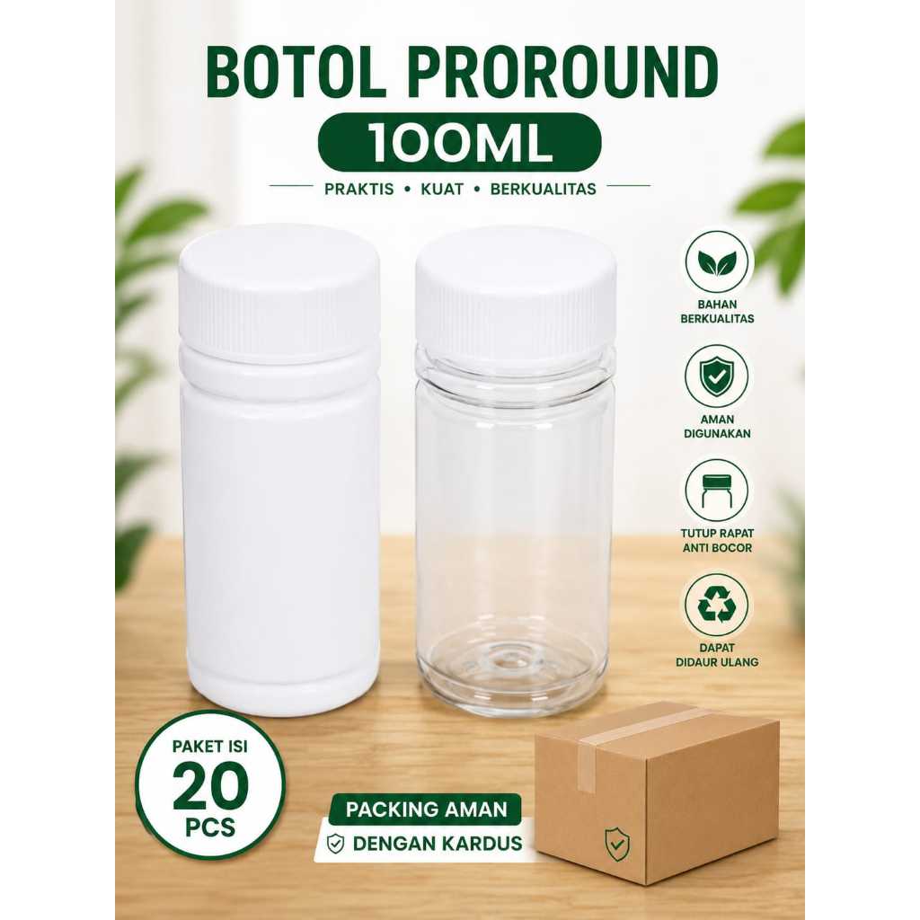 Botol Proround 100ml Botol Kapsul ISI 20PCS HDPE /PET tebal + packing kardus