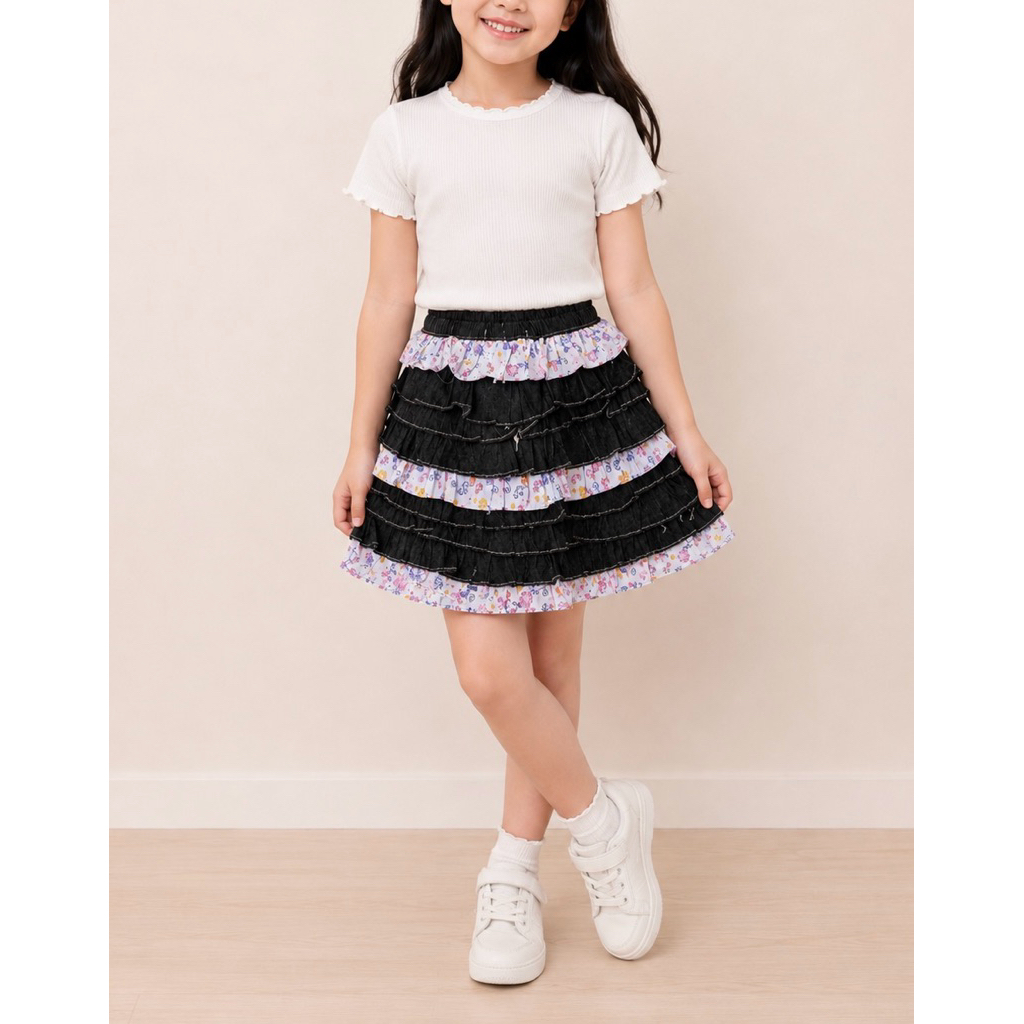 Rok Mini Layer Denim Jeans Kombinasi Motif Bunga Cantik All Size