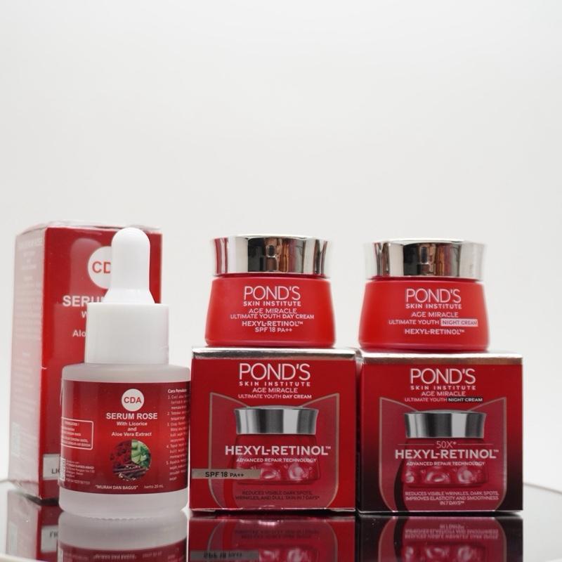Paket 3in1 Cream Ponds Age Miracle Siang & Malam Plus Serum CDA Rose ~ Perawatan Wajah Kusam Glowing