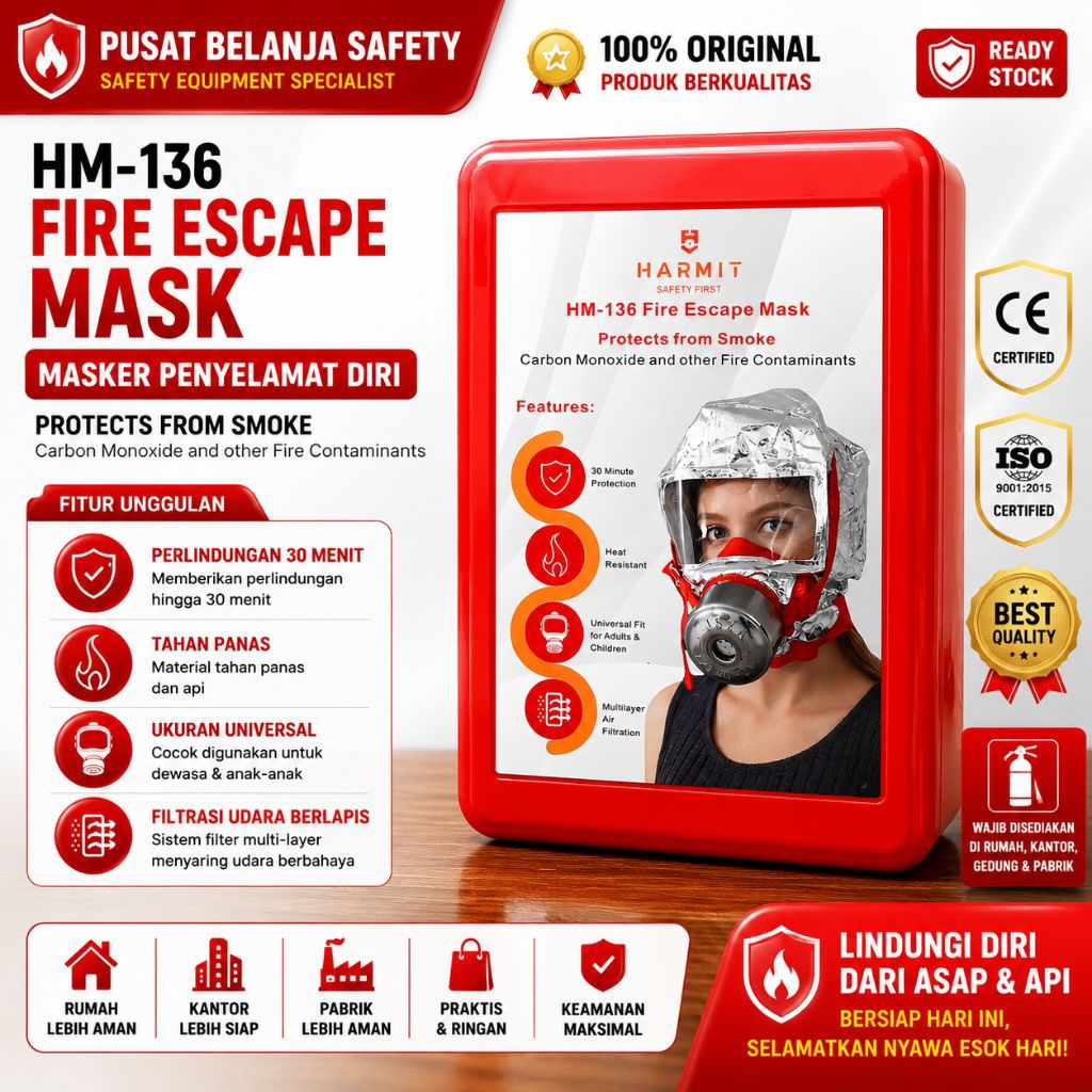 Fire escape mask/ smoke hood masker darurat - anti asap dan gas beracun ES-TZL30
