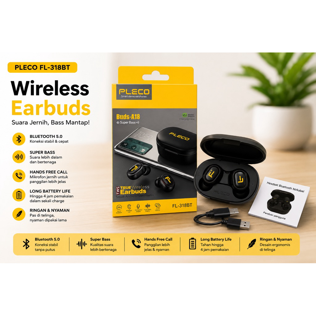 Earphone - Handsfree - Headset Blueeoth ORIGINAL FLECO TWS A7S Earbuds HF Stereo Bass A7S Wireless