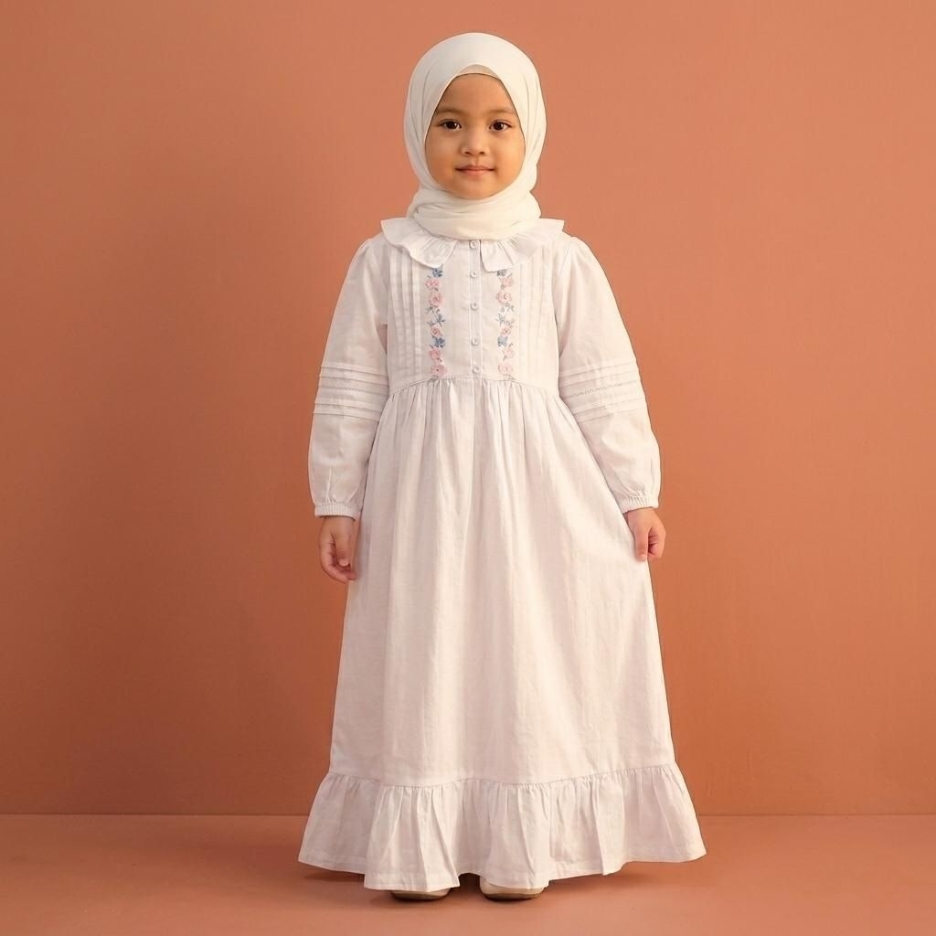Birdie Boom - Gamis Putih Anak Bordir Bunga