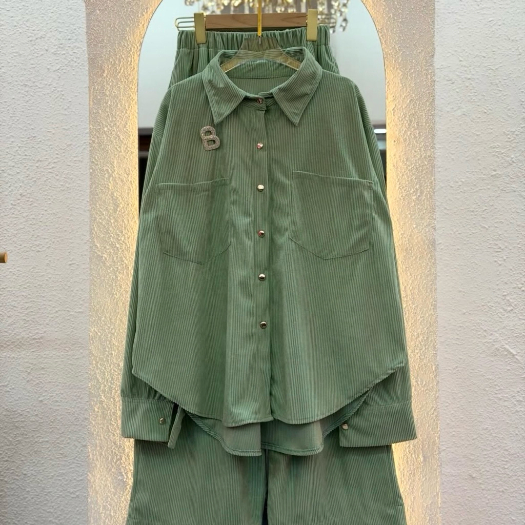 Cozyou - Setelan Corduroy Wanita Korean Style Kemeja Celana Premium Set Import Bangkok Jumbo