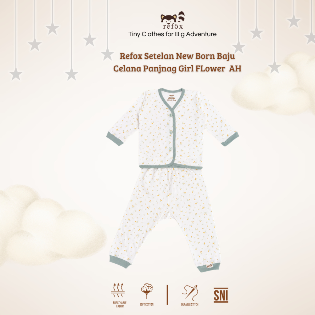Refox - Setelan Bayi New Born Baju Celana Panjang Perempuan Bunga Hijau
