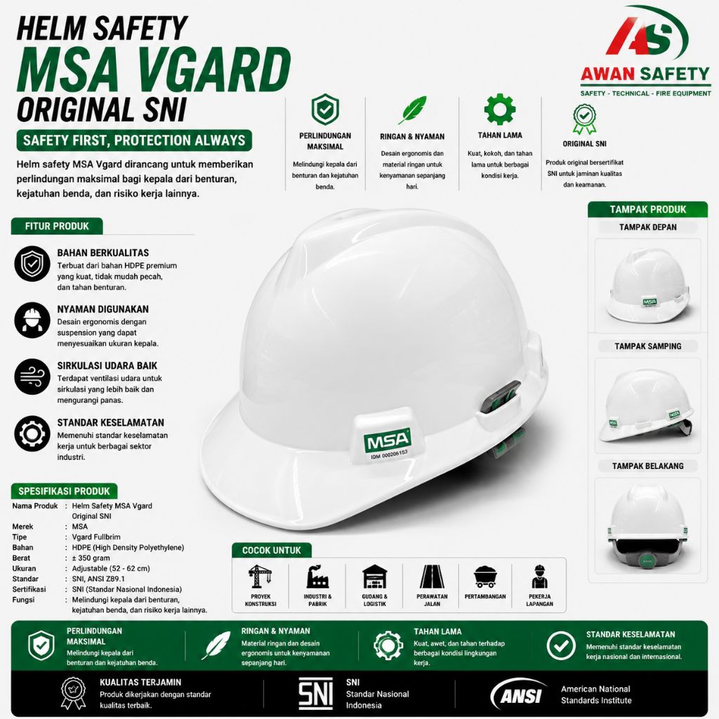 HELM SAFETY MSA VGARD ORIGINAL FASTRACK FULLSET / Helm Safety Proyek Merk MSA Original Warna Putih