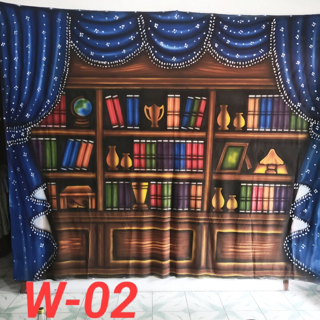 Background kain wisuda layar photo studio backdrop foto studio begron latar belakang motif rak buku 