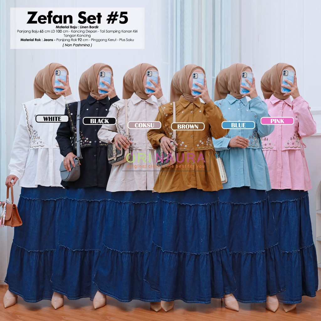 Setelan Wanita One Set Blouse Tunik Linen Bordir Bunga Set Rok Jeans