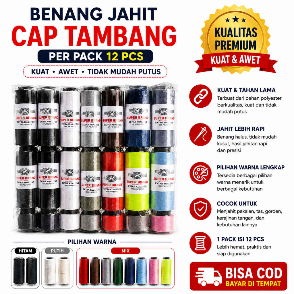 Benang Jahit CAP TAMBANG Per Pack 12 Pcs Warna Hitam Putih Warna Warni - BISA COD - SIAP KIRIM