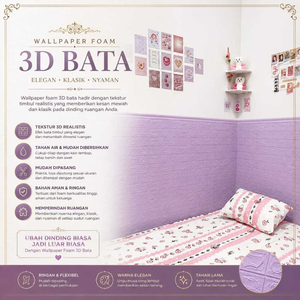 CX Wallpaper Foam 3D Bata Warna UNGU MUDA Premium Wall Paper Sticker Wallpaper Foam Bata Stiker