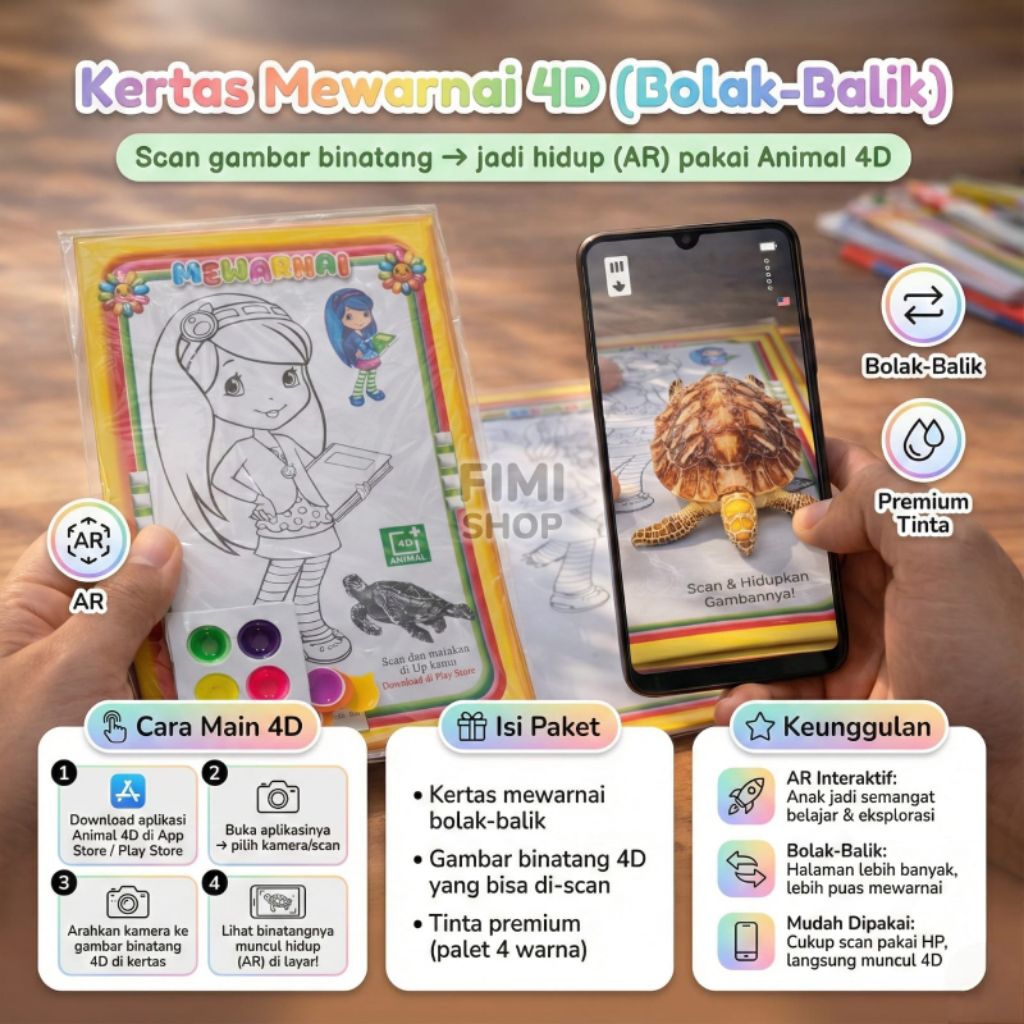 Paket Mewarnai 4D Kecil AR Bolak-Balik + Cat Air - Gambar Binatang Jadi Hidup di HP! Mainan Edukasi 