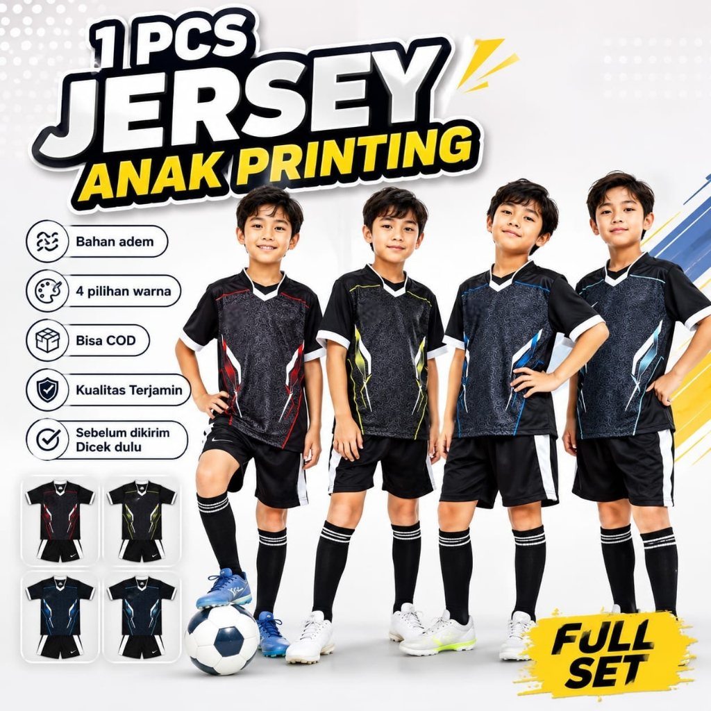 A'RAF Setelan Jersey Anak Laki-laki Printing Setelan Baju Bola Futsal Umur 5 - 12 Tahun Bahan Adem