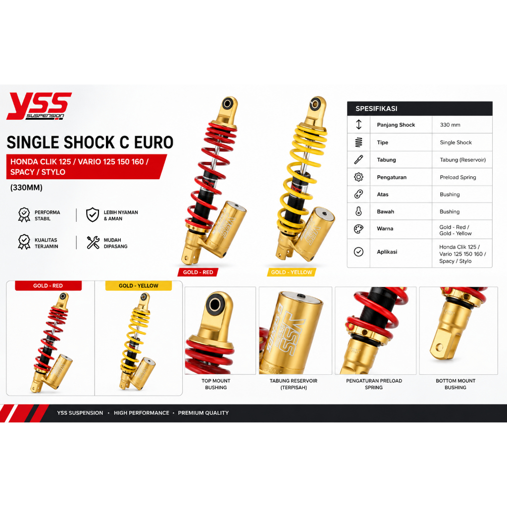 YSS SINGLE SHOCK C EURO HONDA CLIK 125 / VARIO 125 150 160 / SPACY / STYLO  (330MM)