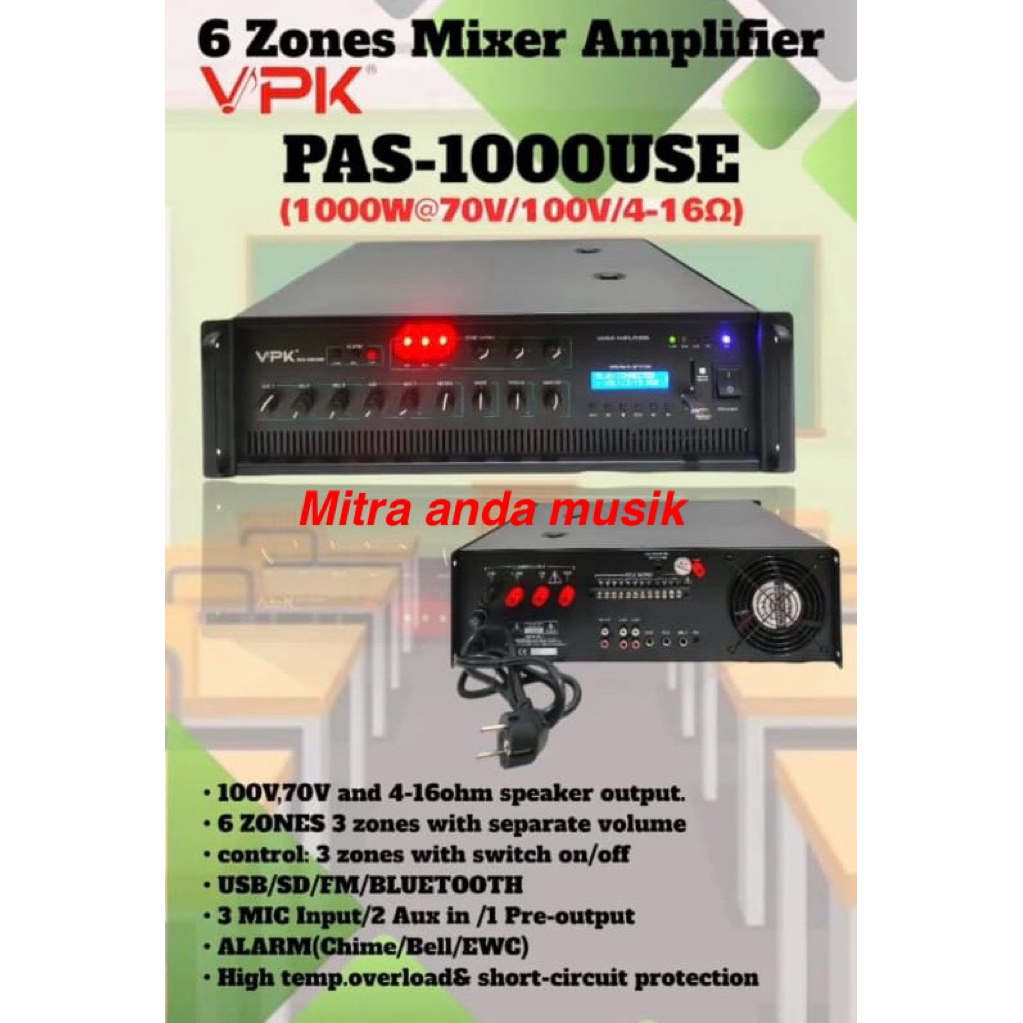 VPK Power Amplifier USB Bluetooth PAS1000USE PAS-1000USE 1000Watt 6 Zone Public Address System denga