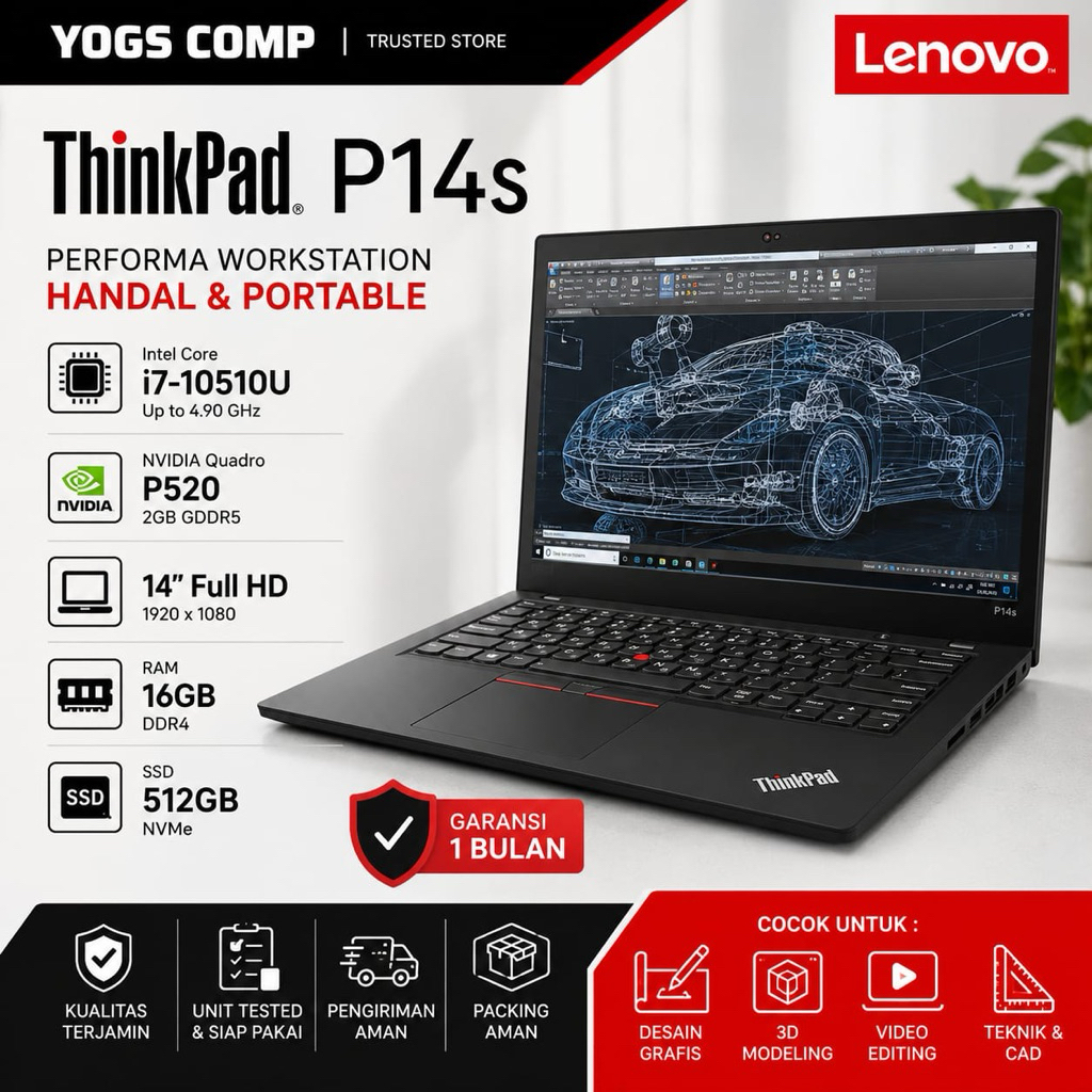 Laptop Khusus Render Lenovo Thinkpad P14s Core i7 Gen 10th Nvidia Quadro Ram 16 GB SSD 512GB Laptop 