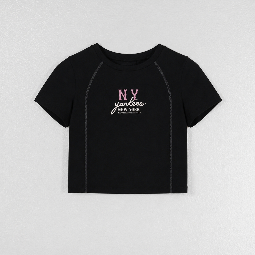 Kaos MLB NY YANKEES STITCHING PINK BLACK CROP TEE 100% ORIGINAL