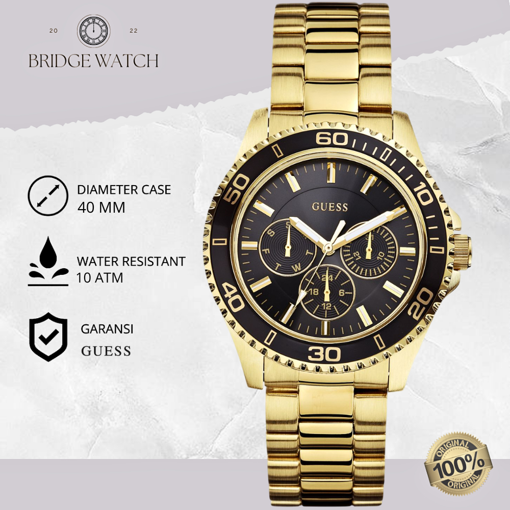 Jam Tangan Guess Unisex W0231L3 Relogio Mulher Gold Stainless Steel Strap Black Dial Sporty Mewah Or
