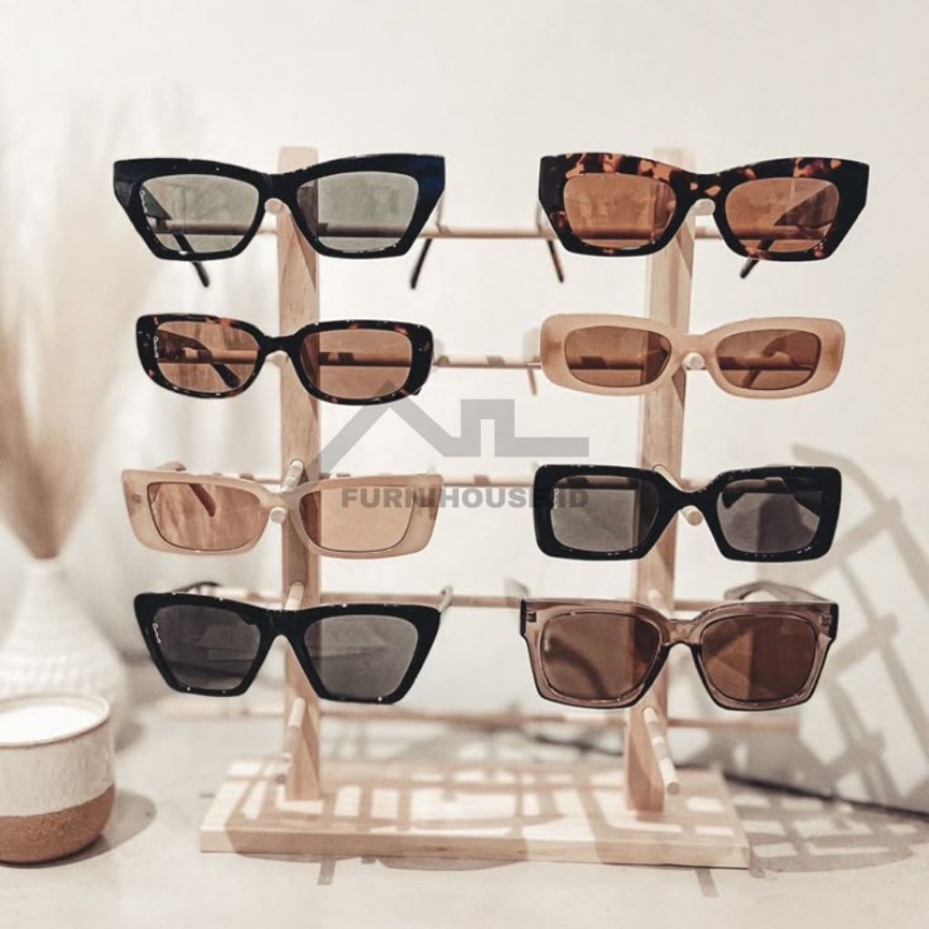 rak kacamata 6 susun kayu jati Belanda aesthetic,rak display kacamata minimalis